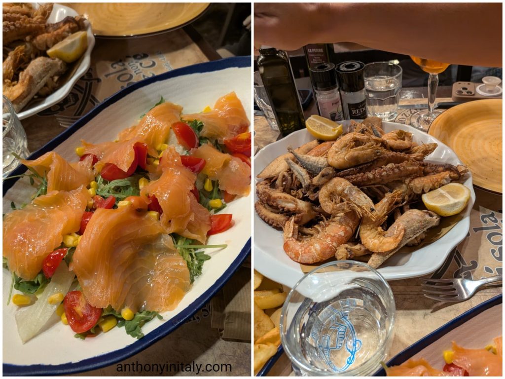 Smoked salmon salad and a platter of fried shrimp, octopus and small fish at Pizzosteria L'isola che non c'è in Monopoli