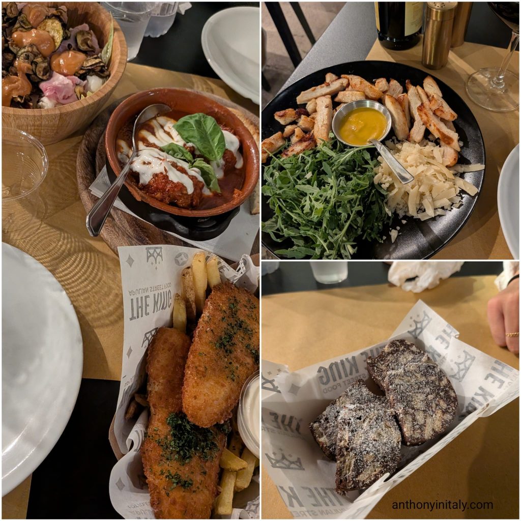 Braciole in tomato sauce, grilled chicken with arugula, fish and chips, and chocolate salame at The King in Monopoli