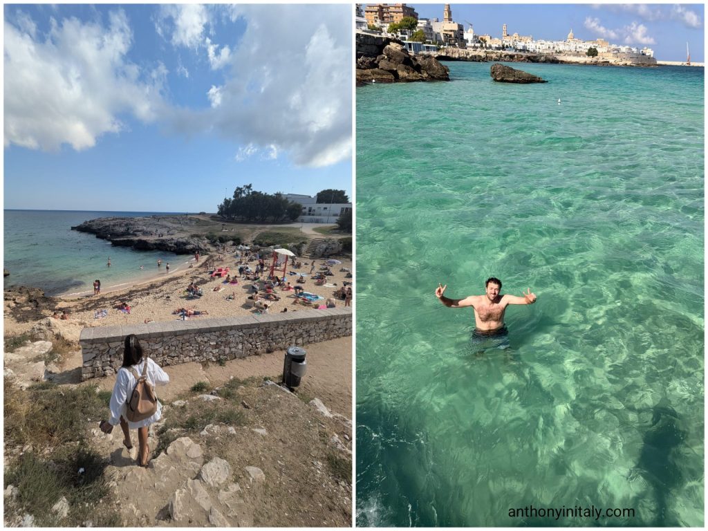 Small sandy cove at Porto Rosso near Monopoli, and Anthony swimming in clear turquoise water with the old town behind