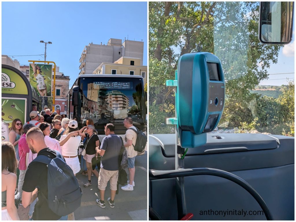Crowd waiting to board the Cotrap bus from Monopoli to Alberobello, and the tap-to-pay ticket machine on board