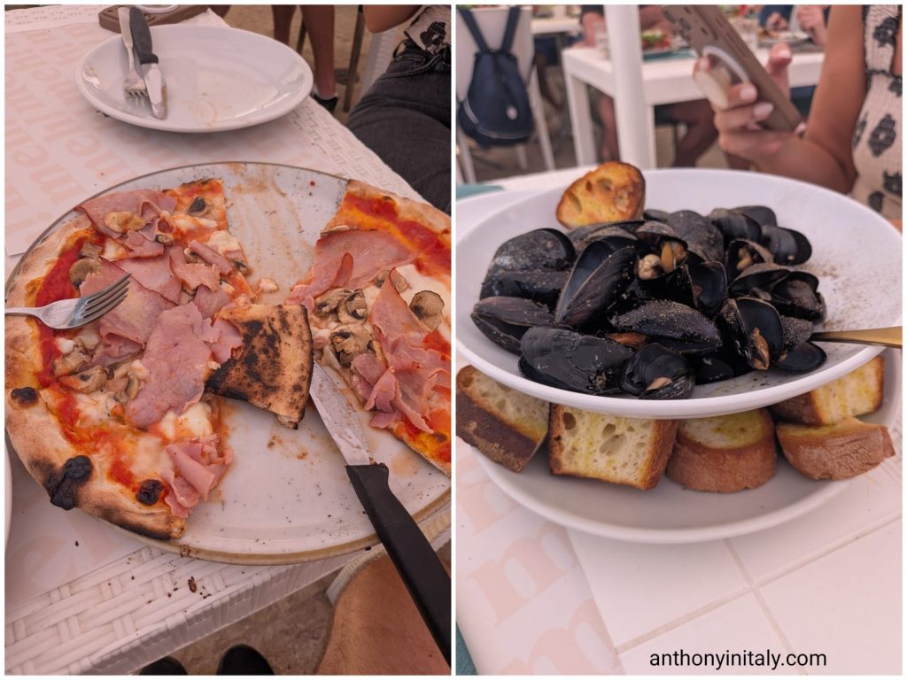 Ham and mushroom pizza and a bowl of mussels with toasted bread at Enzo e Ciro in Polignano a Mare