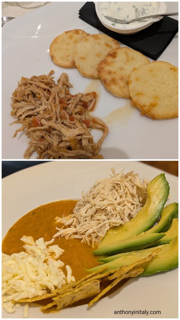 Arepitas with shredded chicken and chive yogurt cream, and a Colombian-style soup with shredded chicken, avocado, cheese, and tortilla chips at Amaranto in Perugia