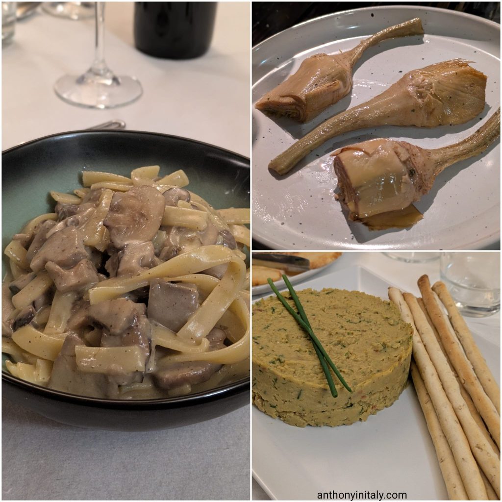 Tagliatelle with mushrooms, whole braised artichokes, and chickpea hummus with breadsticks at Amaranto in Perugia