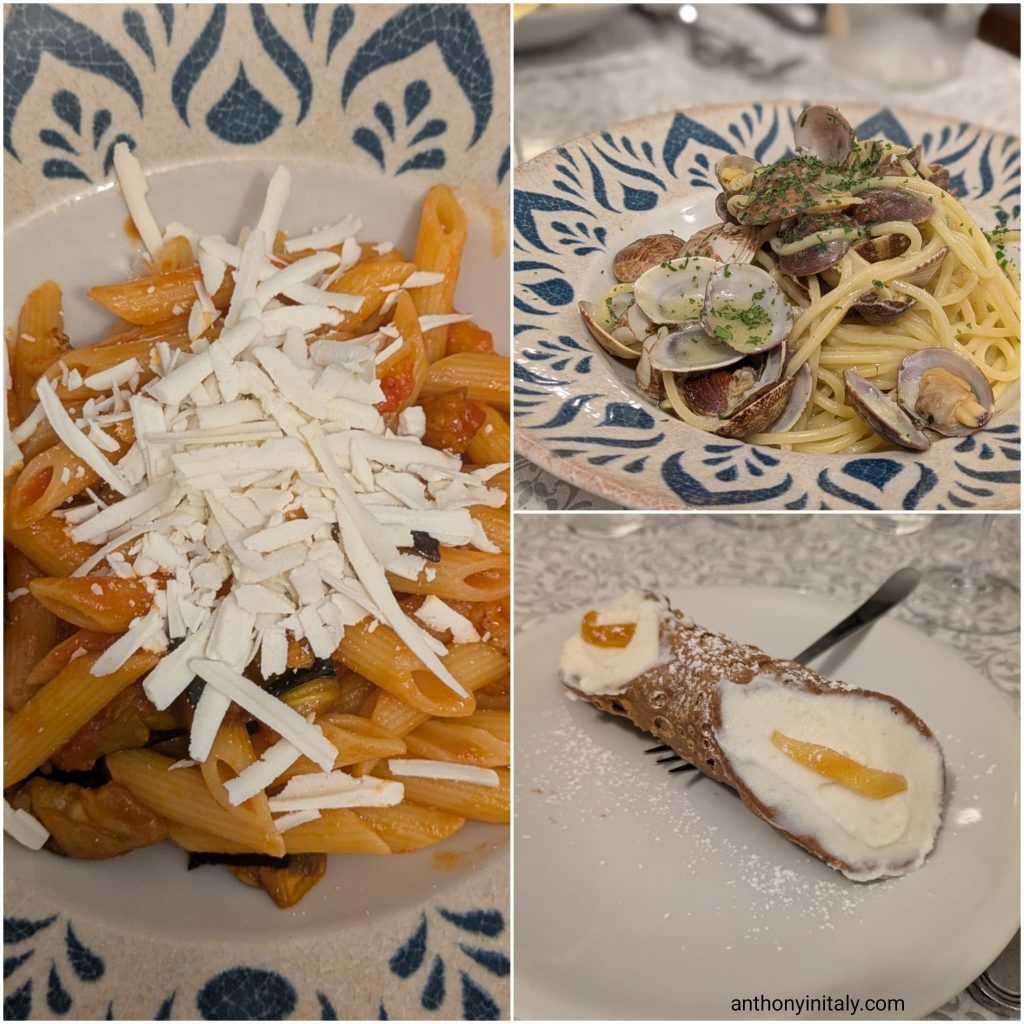 Pasta alla Norma topped with ricotta salata, spaghetti alle vongole, and a Sicilian cannolo at Antica Trattoria delle Volte in Perugia