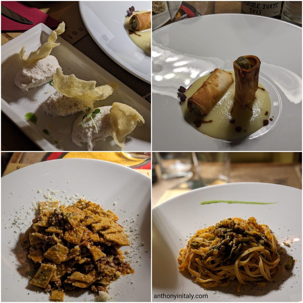 our dishes at Civico 25 in Perugia: whipped baccalà mantecato with polenta chips, phyllo rolls on a pale cream sauce, fresh pasta with meat ragù, and tagliolini with asparagus