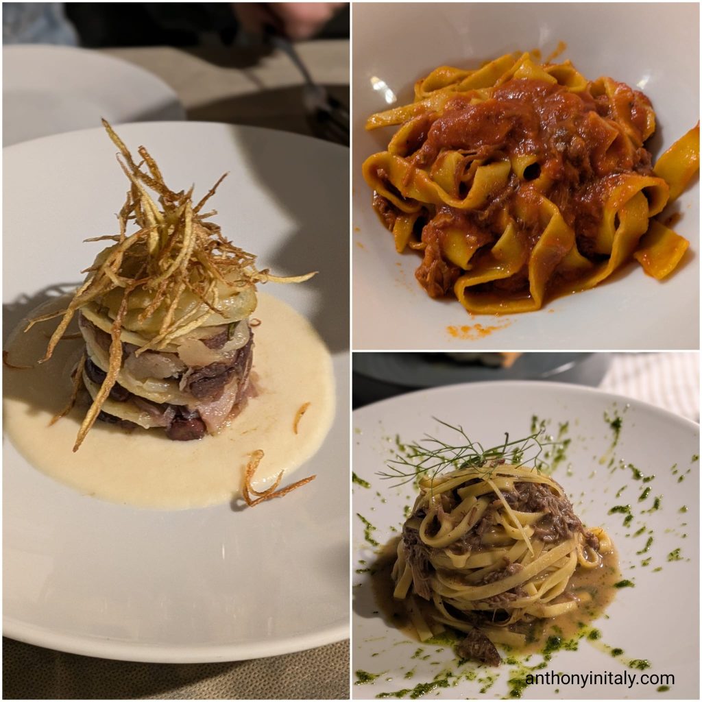 Layered potato and red onion tortino with olives, cheese fondue, and crispy fried potato strings, pappardelle with red ragù, and homemade tagliatelle with white lamb ragù, wild fennel pesto, and lemon zest at Il Cantinone in Perugia