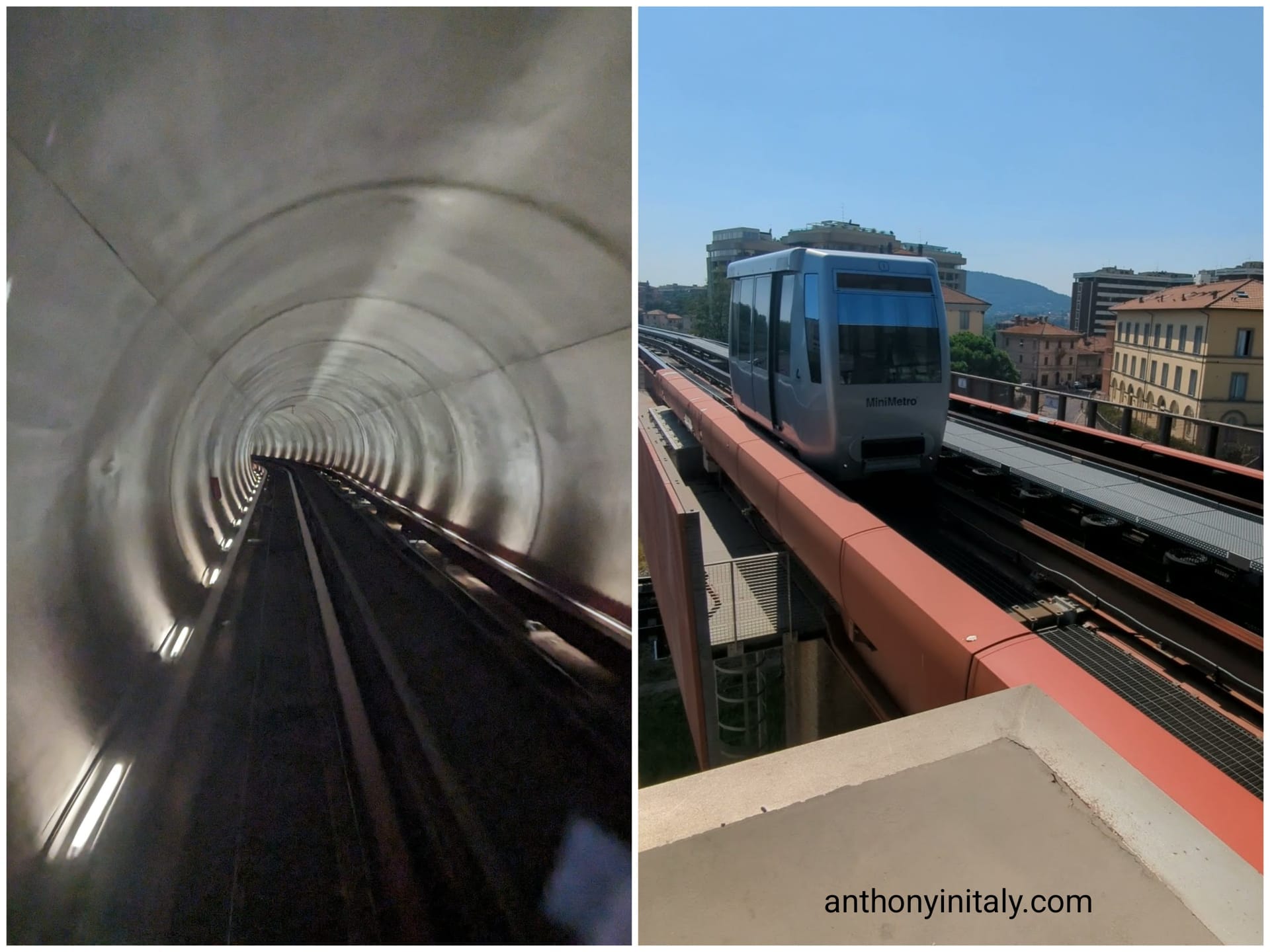 Two views of Perugia’s Minimetrò: a lit tunnel on the left and a silver Minimetrò car on an elevated red track on the right