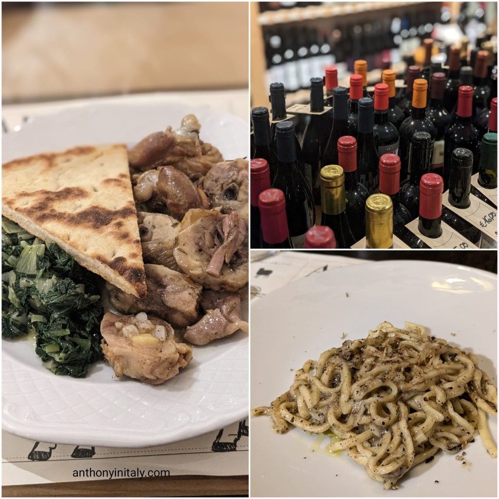 Free-range chicken with rosemary served with torta al testo and cooked greens, stringozzi with black truffle, and shelves of Umbrian wine bottles at Osteria a Priori in Perugia