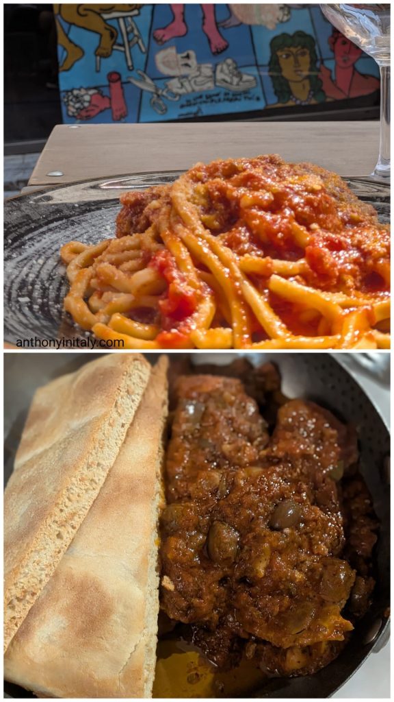 Strangozzi al rancetto in tomato sauce with guanciale and pecorino, and pollo alla cacciatora with olives served with torta al testo at Trattoria Oberdan in Perugia